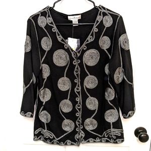 Once Again Beautiful Embellished Black Top 3/4 Sleeve Sz L NWT